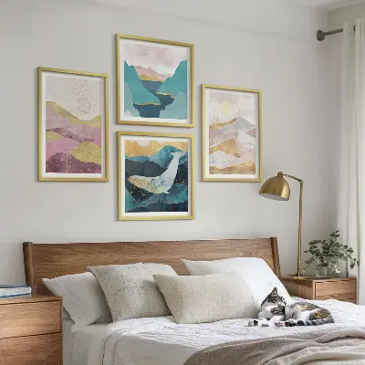 Abstract mountains and sun wall art set of 4 pieces