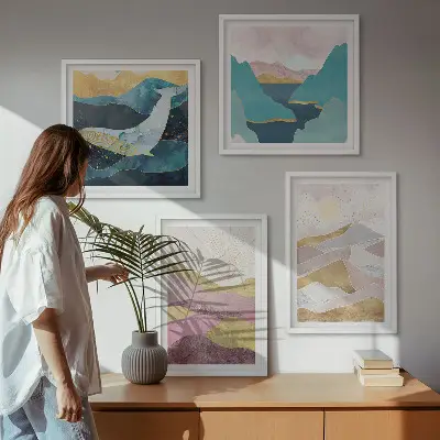Abstract mountains and sun wall art set of 4 pieces