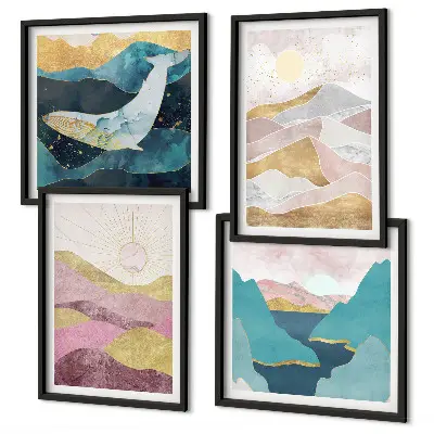 Abstract mountains and sun wall art set of 4 pieces