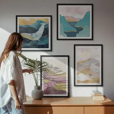 Abstract mountains and sun wall art set of 4 pieces