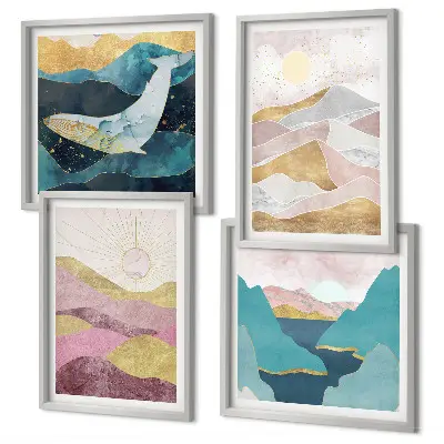 Abstract mountains and sun wall art set of 4 pieces