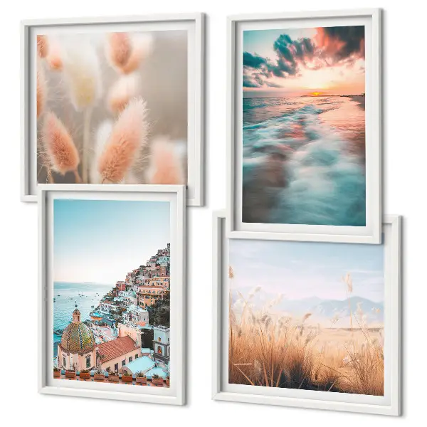 Multi-piece wall decor set featuring a seaside sunset with houses and flowers