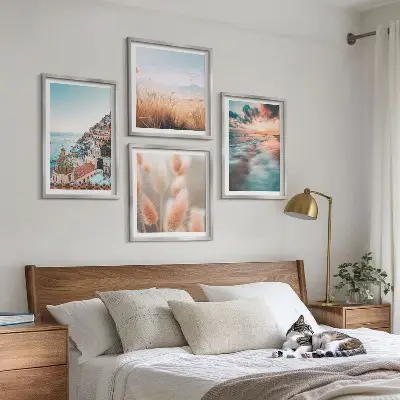 Multi-piece wall decor set featuring a seaside sunset with houses and flowers
