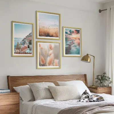 Multi-piece wall decor set featuring a seaside sunset with houses and flowers