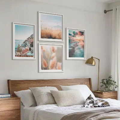 Multi-piece wall decor set featuring a seaside sunset with houses and flowers