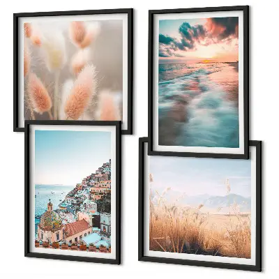 Multi-piece wall decor set featuring a seaside sunset with houses and flowers