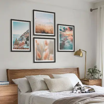Multi-piece wall decor set featuring a seaside sunset with houses and flowers