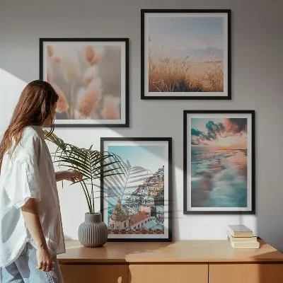 Multi-piece wall decor set featuring a seaside sunset with houses and flowers