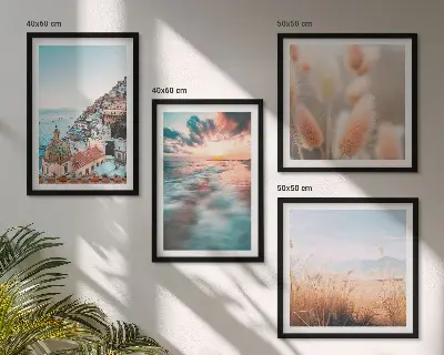 Multi-piece wall decor set featuring a seaside sunset with houses and flowers