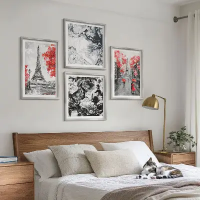 Eiffel Tower wall art set set of 4 gray paintings