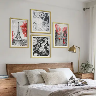 Eiffel Tower wall art set set of 4 gray paintings