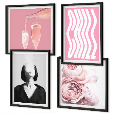 Set of 4 wall art pieces Stylish portrait with champagne