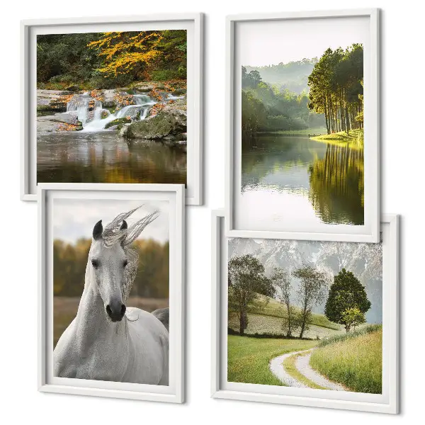 Set of 4 wall art pieces featuring white horses by the river in nature