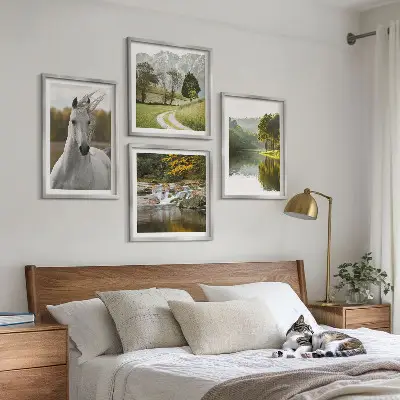 Set of 4 wall art pieces featuring white horses by the river in nature