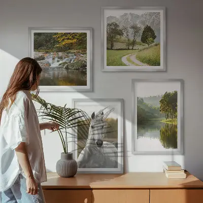 Set of 4 wall art pieces featuring white horses by the river in nature