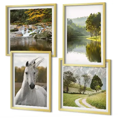 Set of 4 wall art pieces featuring white horses by the river in nature