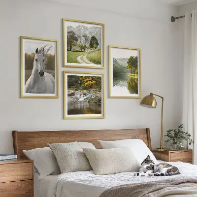 Set of 4 wall art pieces featuring white horses by the river in nature