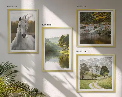 Set of 4 wall art pieces featuring white horses by the river in nature