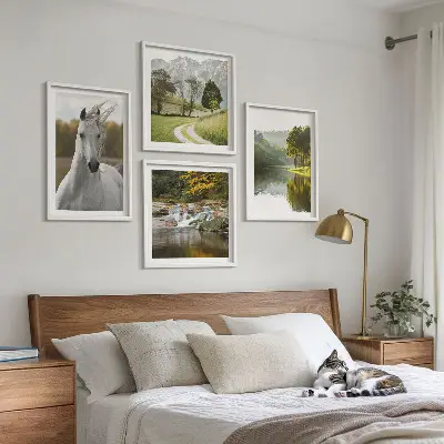 Set of 4 wall art pieces featuring white horses by the river in nature