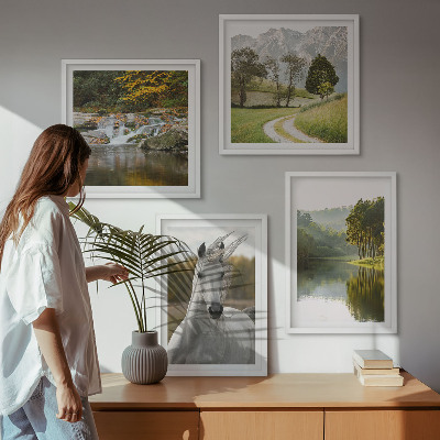 Set of 4 wall art pieces White horses river nature
