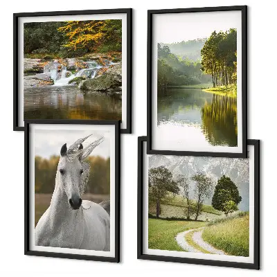 Set of 4 wall art pieces featuring white horses by the river in nature