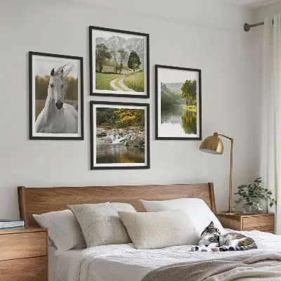 Set of 4 wall art pieces featuring white horses by the river in nature