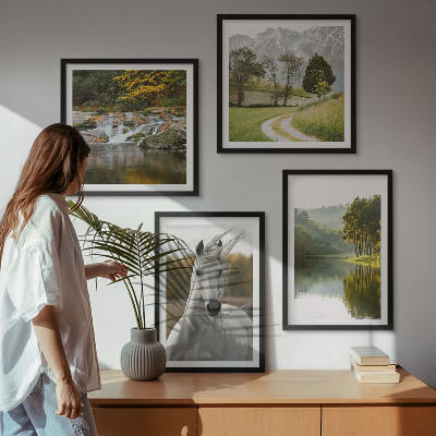 Set of 4 wall art pieces White horses river nature