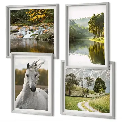 Set of 4 wall art pieces featuring white horses by the river in nature