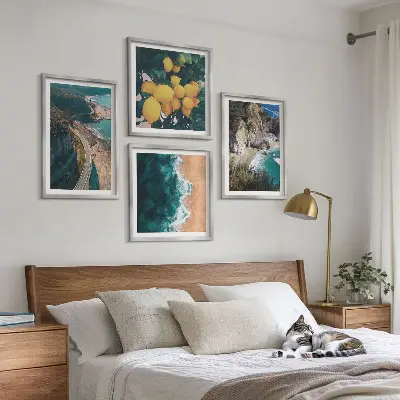 Wall art set featuring sea, beach, lemons, and mountains