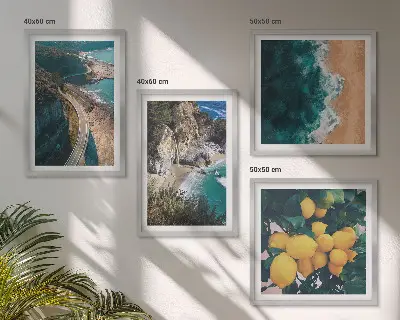 Wall art set featuring sea, beach, lemons, and mountains
