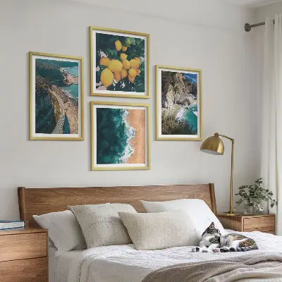 Wall art set featuring sea, beach, lemons, and mountains