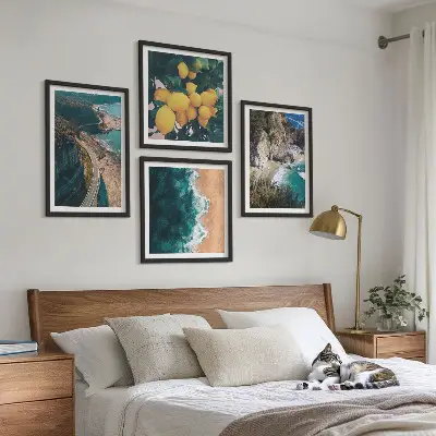 Wall art set featuring sea, beach, lemons, and mountains