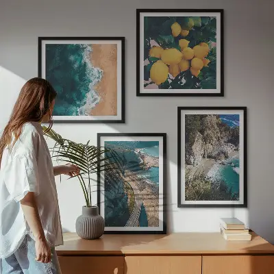 Wall art set featuring sea, beach, lemons, and mountains