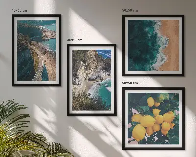 Wall art set featuring sea, beach, lemons, and mountains