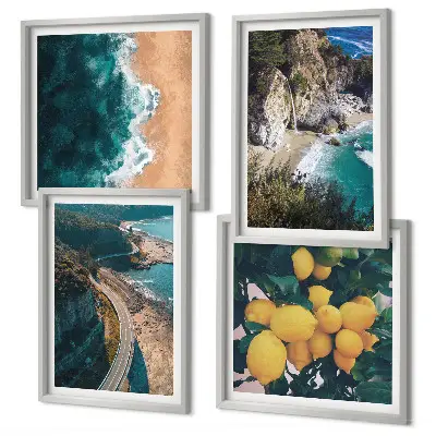 Wall art set featuring sea, beach, lemons, and mountains