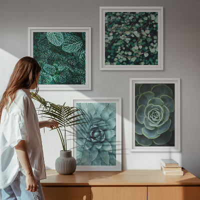 Set of 4 wall art pieces Succulents in green and turquoise