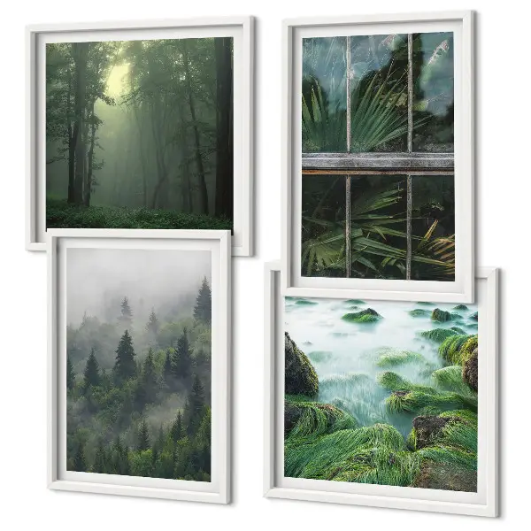 Wall art set featuring a forest with fog, a river, and greenhouse plants