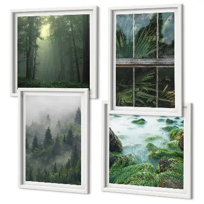 Wall art set featuring a forest with fog, a river, and greenhouse plants