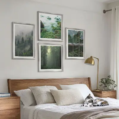 Wall art set featuring a forest with fog, a river, and greenhouse plants