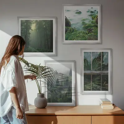 Wall art set featuring a forest with fog, a river, and greenhouse plants