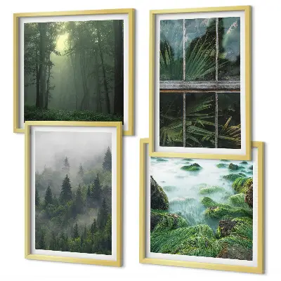 Wall art set featuring a forest with fog, a river, and greenhouse plants