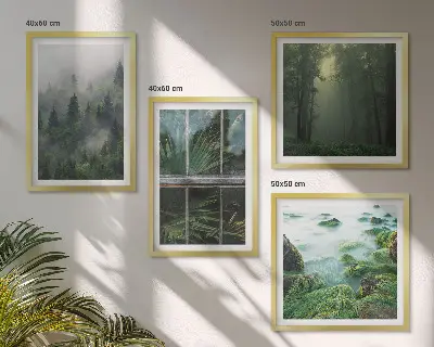 Wall art set featuring a forest with fog, a river, and greenhouse plants