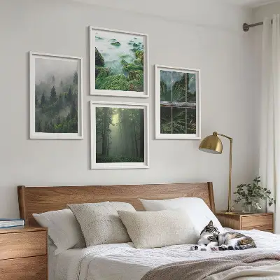 Wall art set featuring a forest with fog, a river, and greenhouse plants