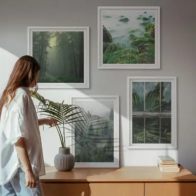 Wall art set featuring a forest with fog, a river, and greenhouse plants