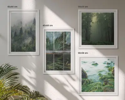 Wall art set featuring a forest with fog, a river, and greenhouse plants