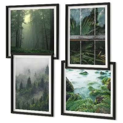 Wall art set featuring a forest with fog, a river, and greenhouse plants