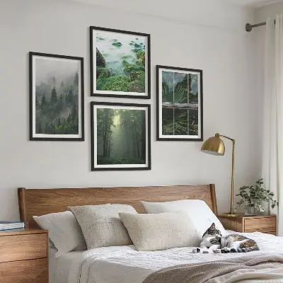 Wall art set featuring a forest with fog, a river, and greenhouse plants