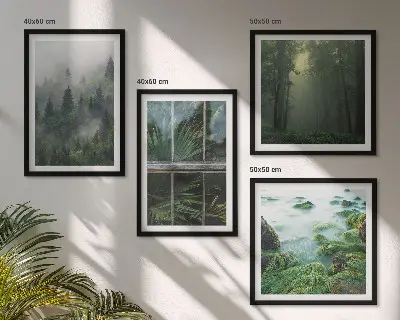 Wall art set featuring a forest with fog, a river, and greenhouse plants