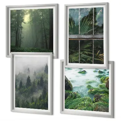 Wall art set featuring a forest with fog, a river, and greenhouse plants