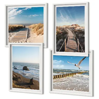 Set of 4 wall art pieces featuring beach waves and a pier under the sky